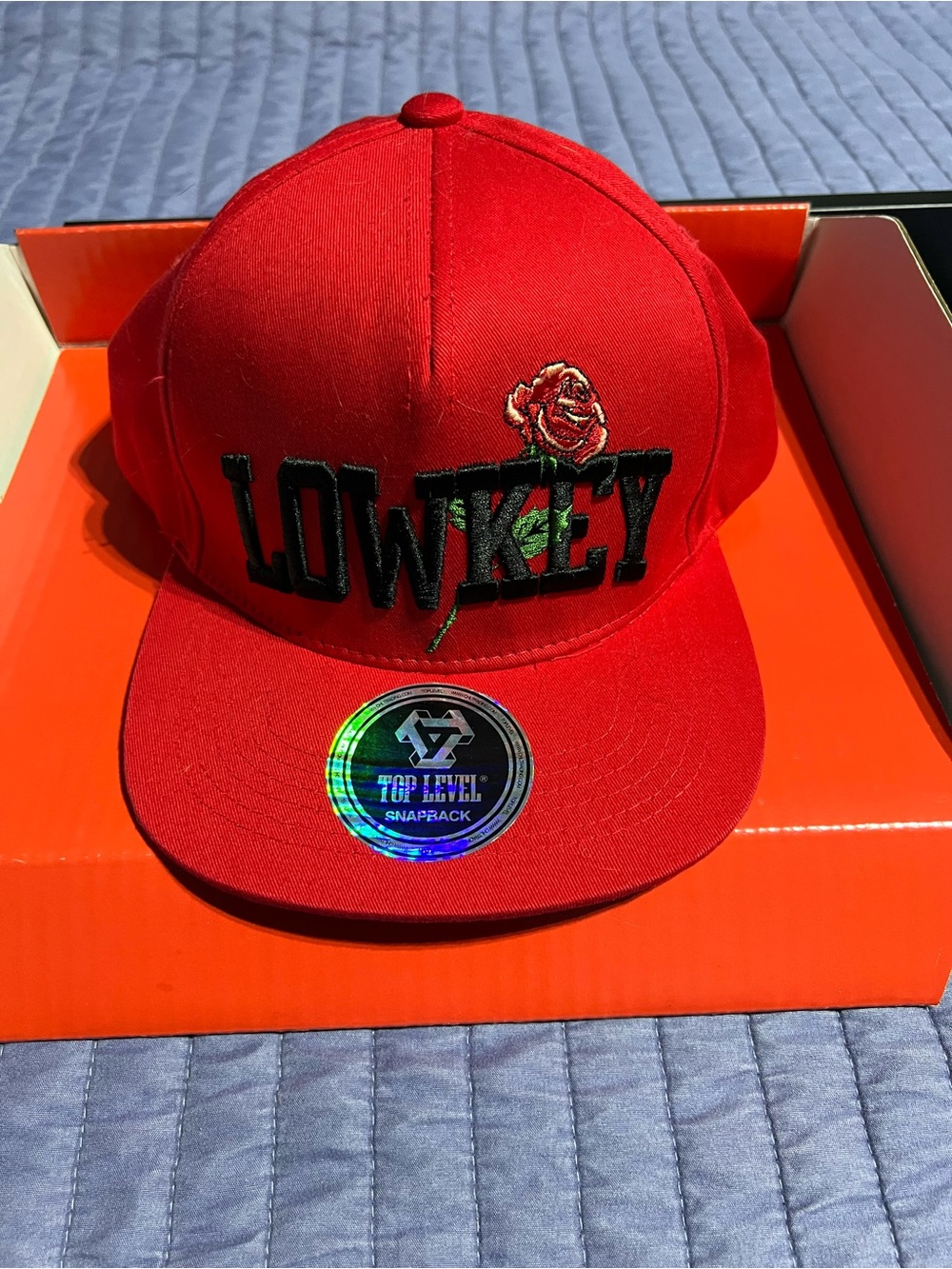 Top Level LOWKEY Red Rose Embroidered Snapback Hat
